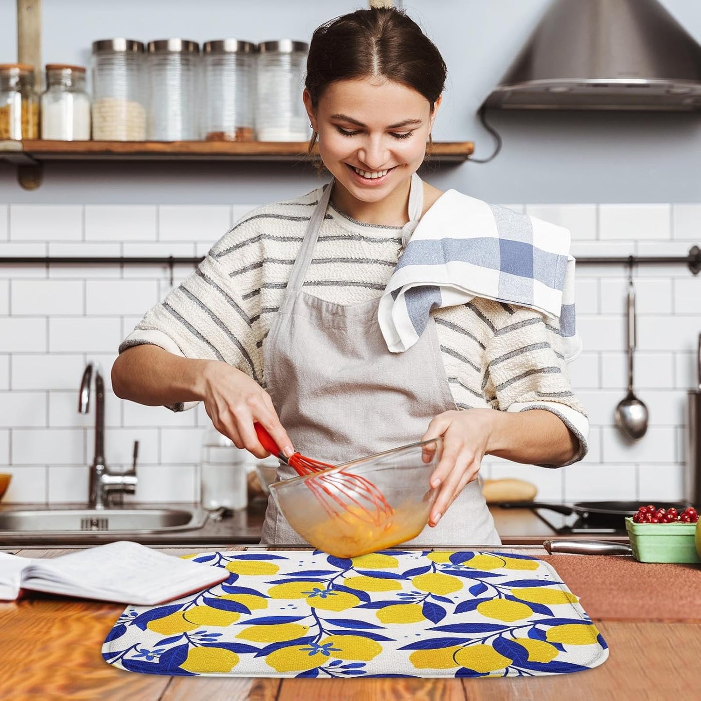 Sanwarm Absorbent Dish Drying Mat, Summer Tropical Yellow Lemons Fruit Microfiber Pad for Kitchen Counter, Coffee Bar Decor, Heat Resistant and Reversible, 16" x 18"