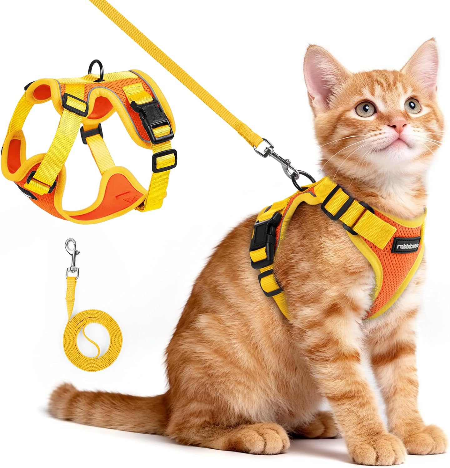 Cat Harness and Leash Set, Escape Proof, Orange & Yellow | Adjustable Fit, Snap Buckles, Soft Breathable Vest, Secure Clip, Reflective Strips, for Small & Average Cats Walks, Xs