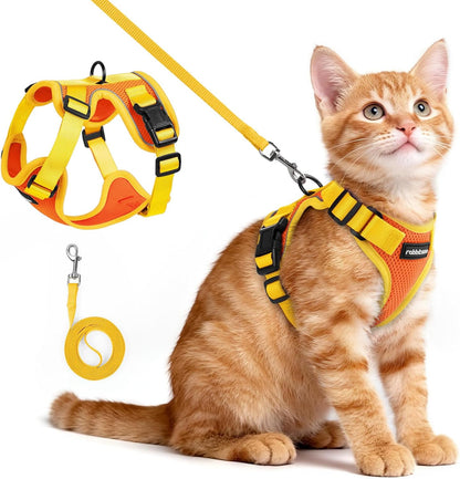 Cat Harness and Leash Set, Escape Proof, Orange & Yellow | Adjustable Fit, Snap Buckles, Soft Breathable Vest, Secure Clip, Reflective Strips, for Small & Average Cats Walks, Xs