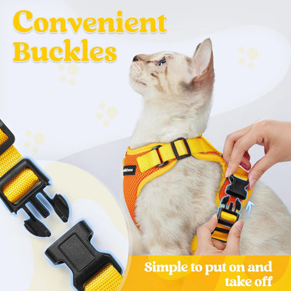Cat Harness and Leash Set, Escape Proof, Orange & Yellow | Adjustable Fit, Snap Buckles, Soft Breathable Vest, Secure Clip, Reflective Strips, for Small & Average Cats Walks, Xs