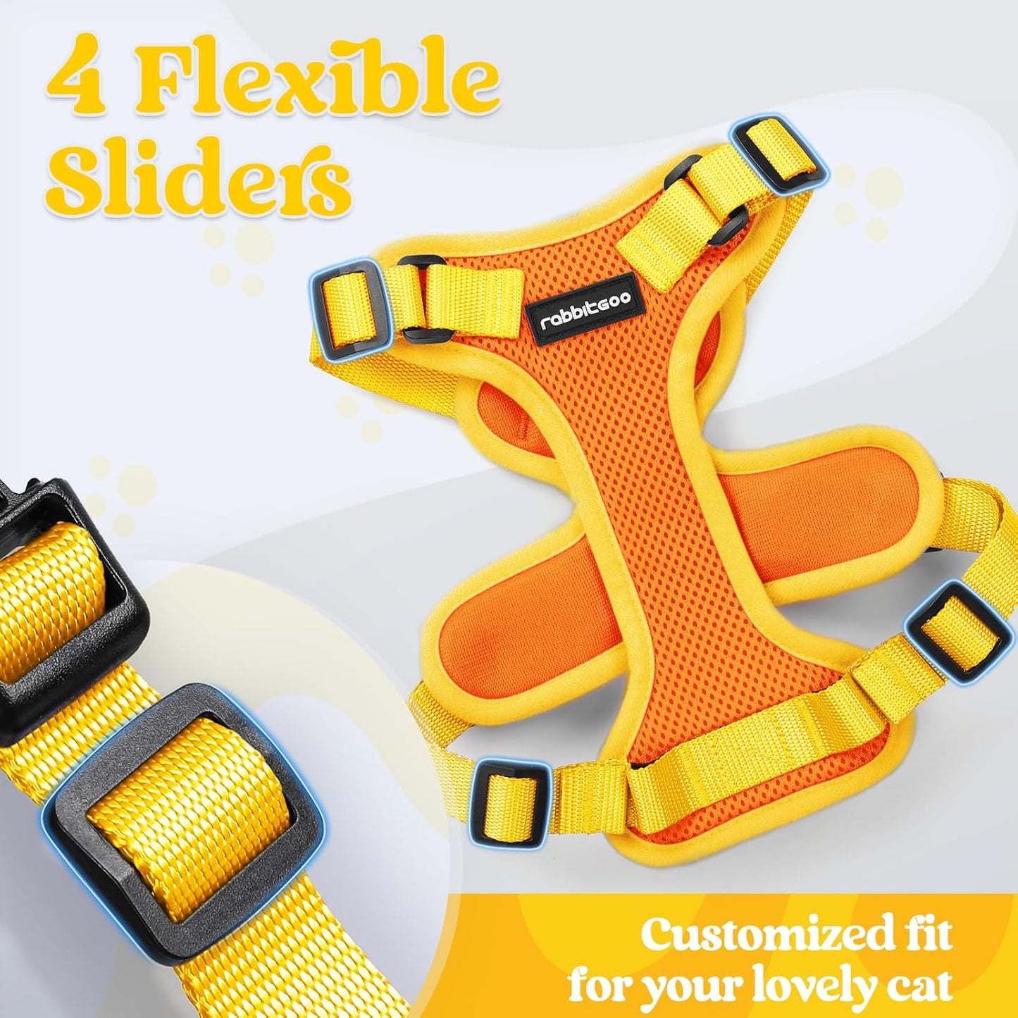 Cat Harness and Leash Set, Escape Proof, Orange & Yellow | Adjustable Fit, Snap Buckles, Soft Breathable Vest, Secure Clip, Reflective Strips, for Small & Average Cats Walks, Xs