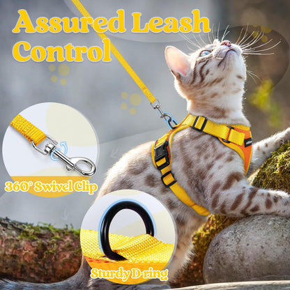 Cat Harness and Leash Set, Escape Proof, Orange & Yellow | Adjustable Fit, Snap Buckles, Soft Breathable Vest, Secure Clip, Reflective Strips, for Small & Average Cats Walks, Xs