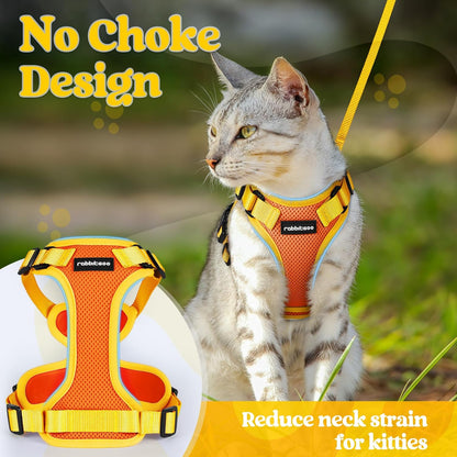 Cat Harness and Leash Set, Escape Proof, Orange & Yellow | Adjustable Fit, Snap Buckles, Soft Breathable Vest, Secure Clip, Reflective Strips, for Small & Average Cats Walks, Xs