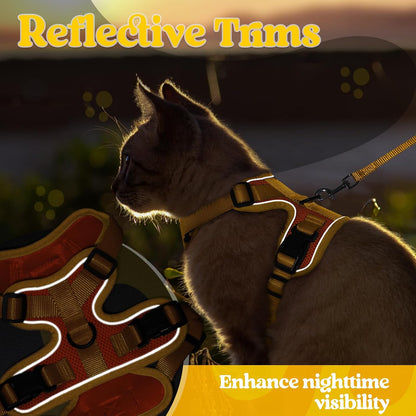 Cat Harness and Leash Set, Escape Proof, Orange & Yellow | Adjustable Fit, Snap Buckles, Soft Breathable Vest, Secure Clip, Reflective Strips, for Small & Average Cats Walks, Xs