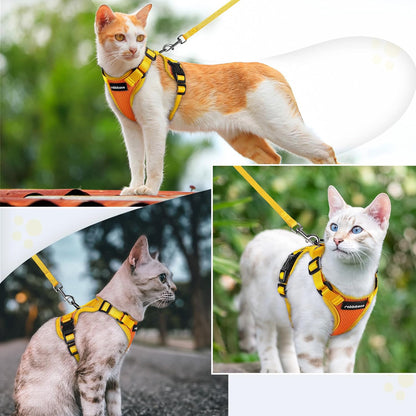 Cat Harness and Leash Set, Escape Proof, Orange & Yellow | Adjustable Fit, Snap Buckles, Soft Breathable Vest, Secure Clip, Reflective Strips, for Small & Average Cats Walks, Xs