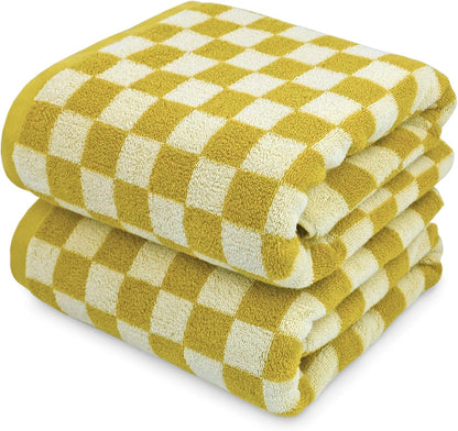 Luxury Bath Towels - Pack of 2 Cotton Fall Bathroom Towels Sets for Body Drying 55x27.5 Inches, Mustard Yellow Checkered