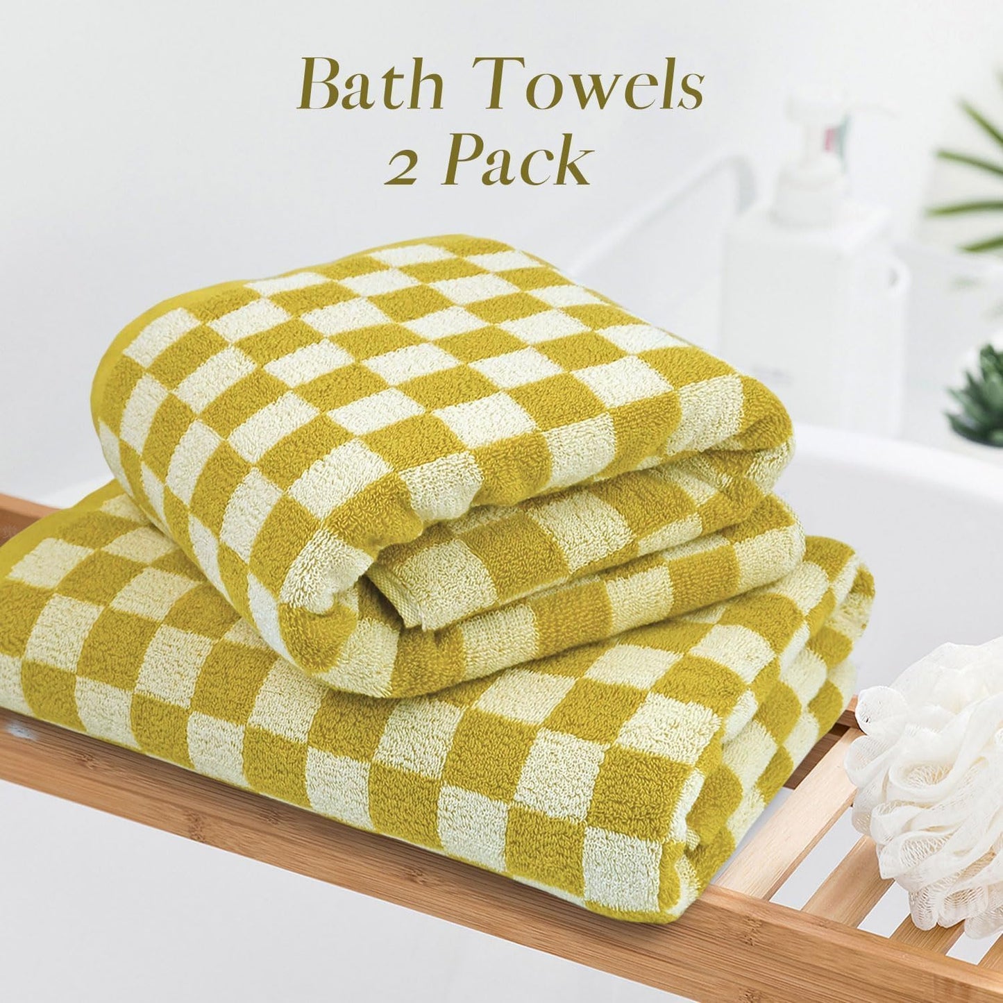 Luxury Bath Towels - Pack of 2 Cotton Fall Bathroom Towels Sets for Body Drying 55x27.5 Inches, Mustard Yellow Checkered