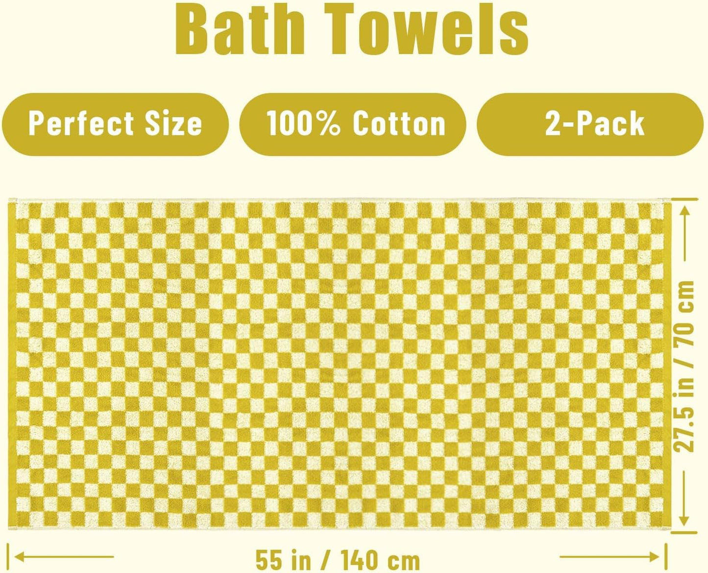 Luxury Bath Towels - Pack of 2 Cotton Fall Bathroom Towels Sets for Body Drying 55x27.5 Inches, Mustard Yellow Checkered