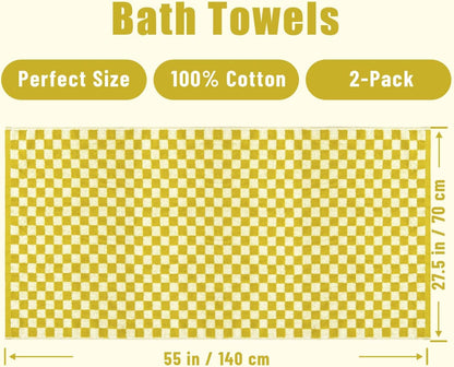 Luxury Bath Towels - Pack of 2 Cotton Fall Bathroom Towels Sets for Body Drying 55x27.5 Inches, Mustard Yellow Checkered