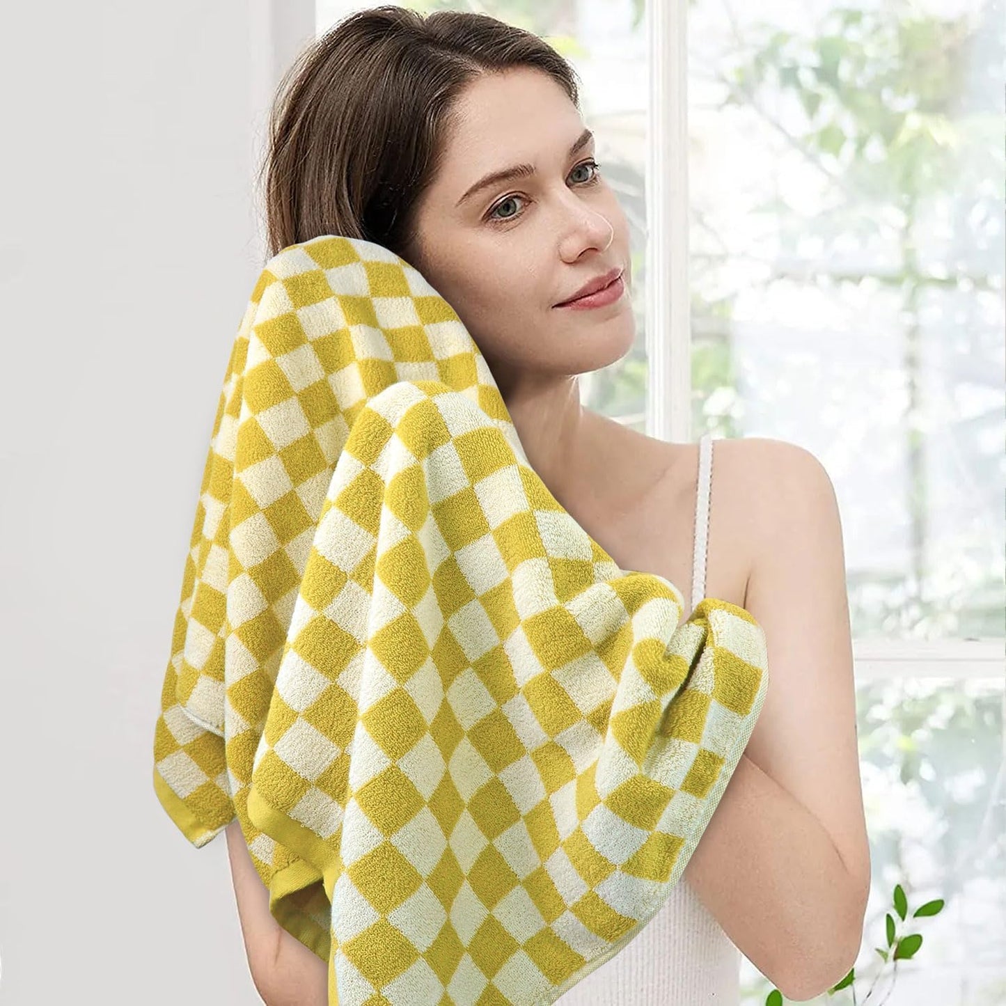 Luxury Bath Towels - Pack of 2 Cotton Fall Bathroom Towels Sets for Body Drying 55x27.5 Inches, Mustard Yellow Checkered