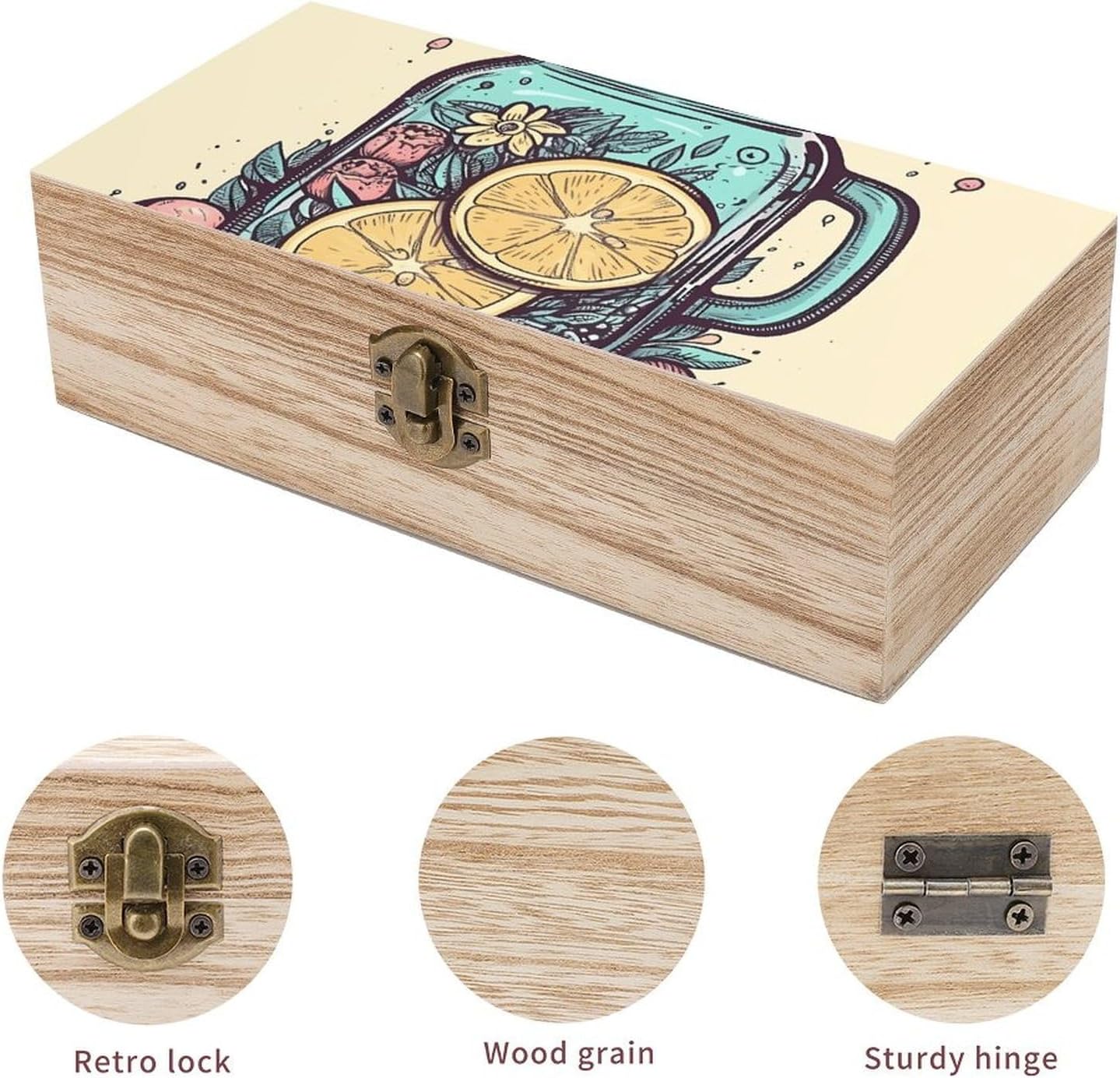 Lemon Slices in Cup Wooden Storage Box Large Keepsake Box with Hinged Lid Rustic Wood Gift Boxes Christmas Gift Present for Home Decorations Office Storage Box