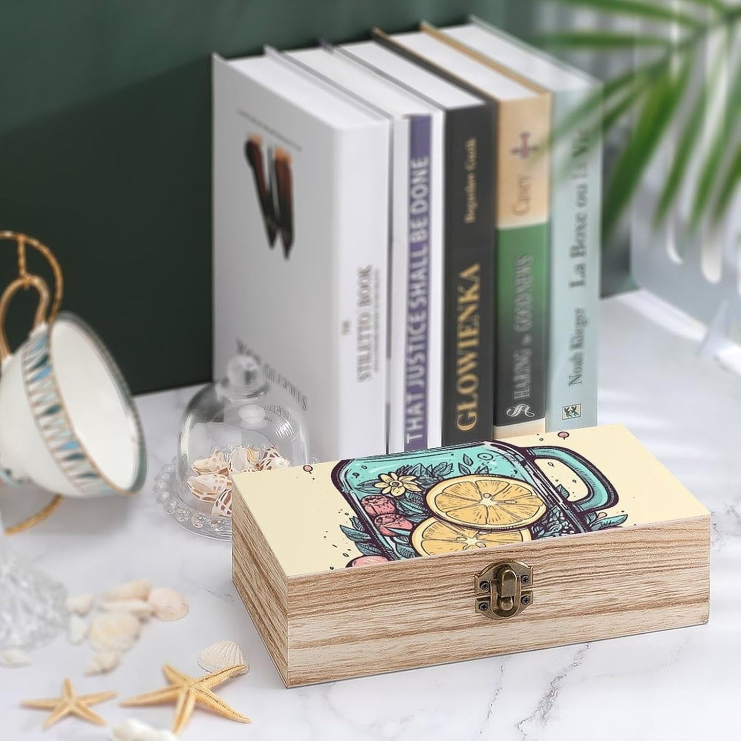Lemon Slices in Cup Wooden Storage Box Large Keepsake Box with Hinged Lid Rustic Wood Gift Boxes Christmas Gift Present for Home Decorations Office Storage Box