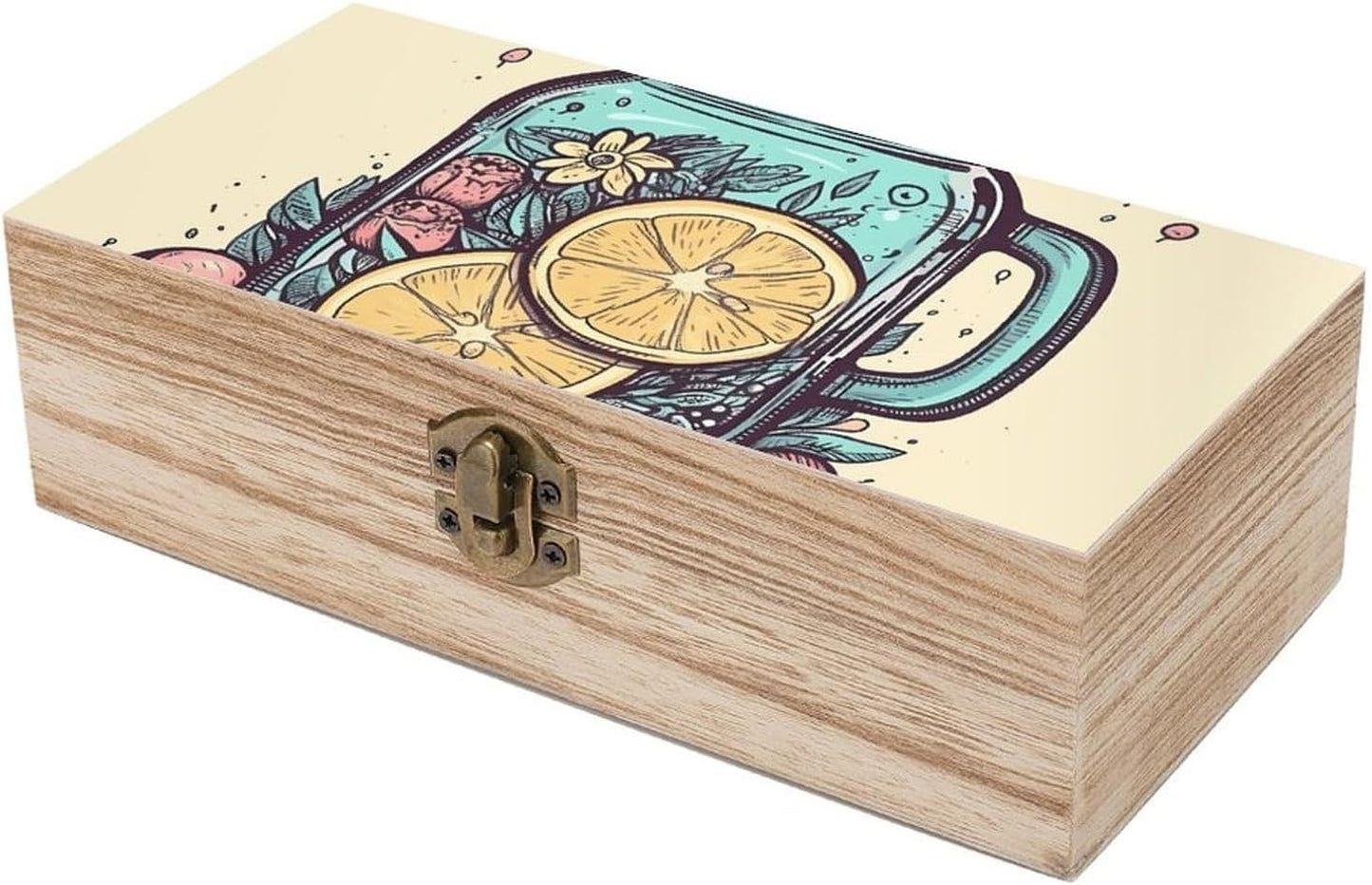 Lemon Slices in Cup Wooden Storage Box Large Keepsake Box with Hinged Lid Rustic Wood Gift Boxes Christmas Gift Present for Home Decorations Office Storage Box