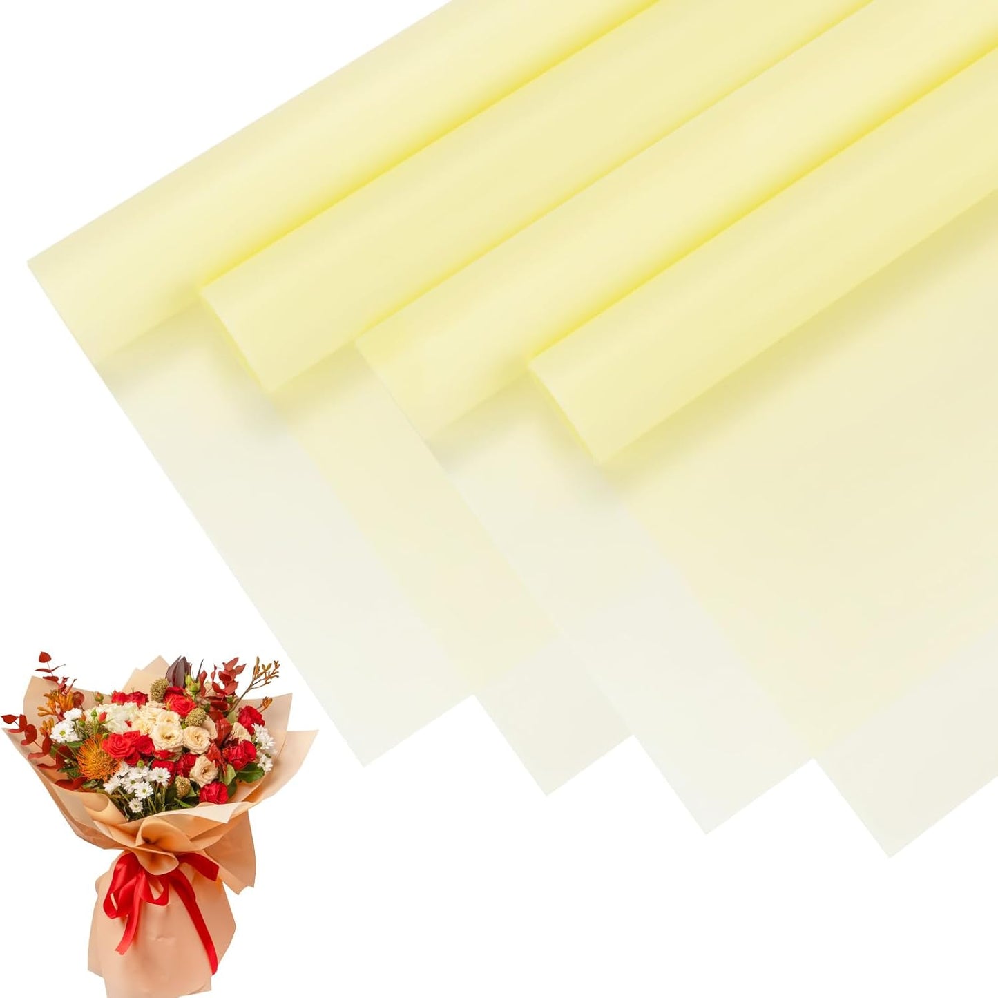 20 Sheets Flower Wrapping Paper Bouquet, 23 Inch Light Yellow BOPP Waterproof Floral Wrapping Paper Flower Packaging DIY for Wedding/Party/Birthday/Gift Bouquet Wrap Paper