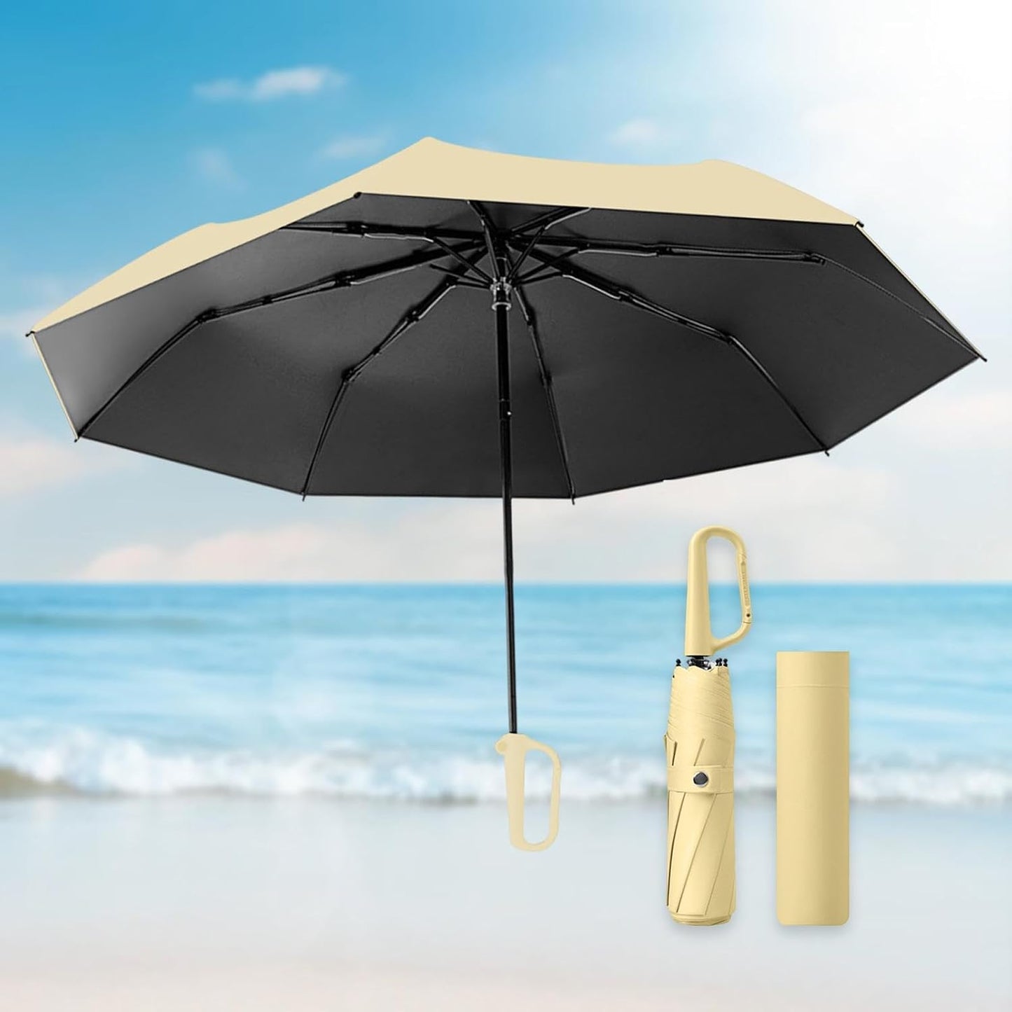 Three Folding Umbrella with Rings Buckle Sturdy Large Multifunction Portable Travel Umbrella for Outdoor Activities
