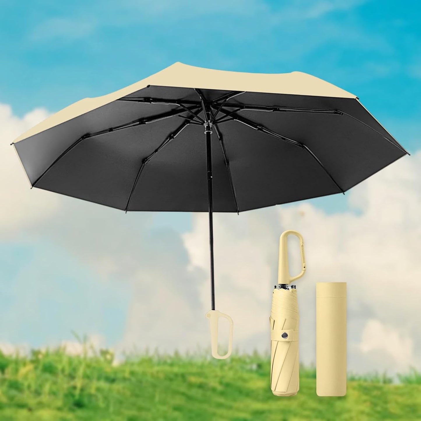 Three Folding Umbrella with Rings Buckle Sturdy Large Multifunction Portable Travel Umbrella for Outdoor Activities