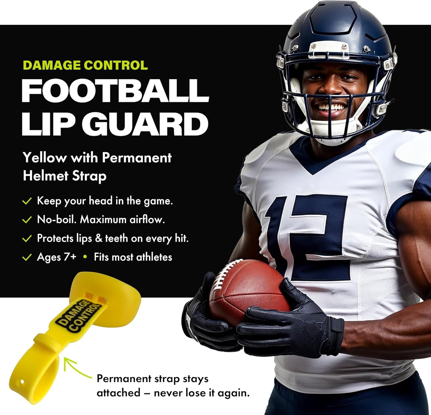 Pacifier Football Mouth Guard – Permanent Strap – Yellow | Youth Football Mouthpiece, No Boiling, Breathable Design, Protects Lips & Teeth, Works with Braces
