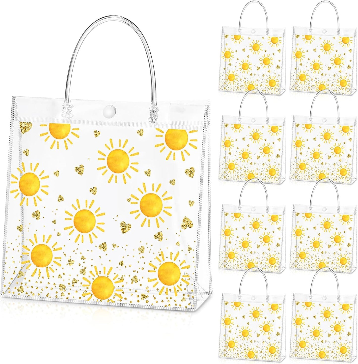 24 Pcs Boho Sun Clear PVC Gift Bags with Handle Button Reusable Yellow Sunshine Candy Treat Goodie Favor Bags for First Birthday Baby Shower Retro Summer Party Supplies