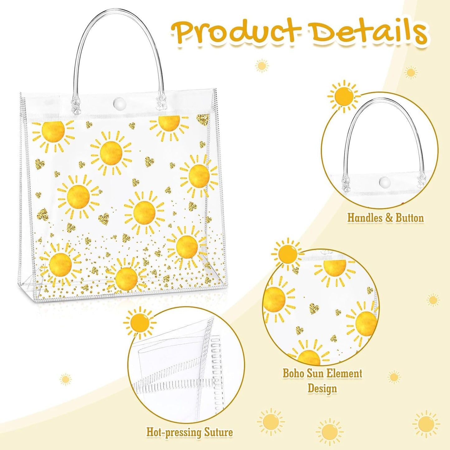 24 Pcs Boho Sun Clear PVC Gift Bags with Handle Button Reusable Yellow Sunshine Candy Treat Goodie Favor Bags for First Birthday Baby Shower Retro Summer Party Supplies