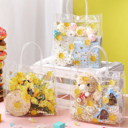24 Pcs Boho Sun Clear PVC Gift Bags with Handle Button Reusable Yellow Sunshine Candy Treat Goodie Favor Bags for First Birthday Baby Shower Retro Summer Party Supplies