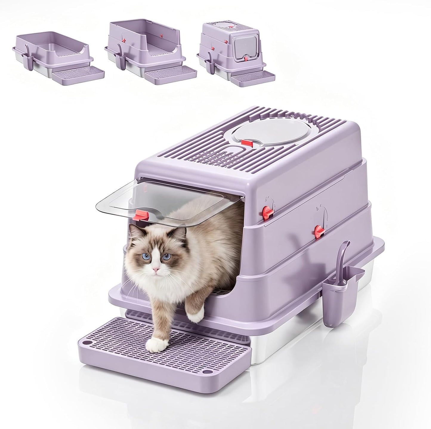 4-in-1 Convertible Stainless Steel Cat Litter Box with Lid | 4 modes in one box: open, high-sided or enclosed; fits kittens to senior cats; 160° flip-open lid; tracking pad and filter