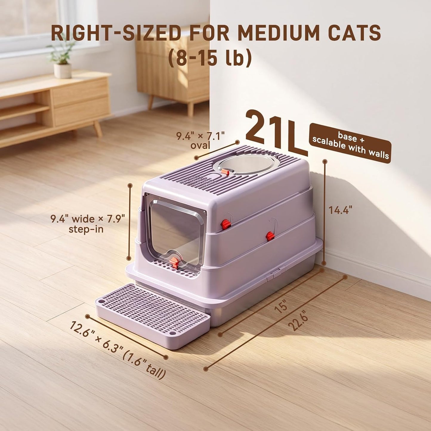 4-in-1 Convertible Stainless Steel Cat Litter Box with Lid | 4 modes in one box: open, high-sided or enclosed; fits kittens to senior cats; 160° flip-open lid; tracking pad and filter