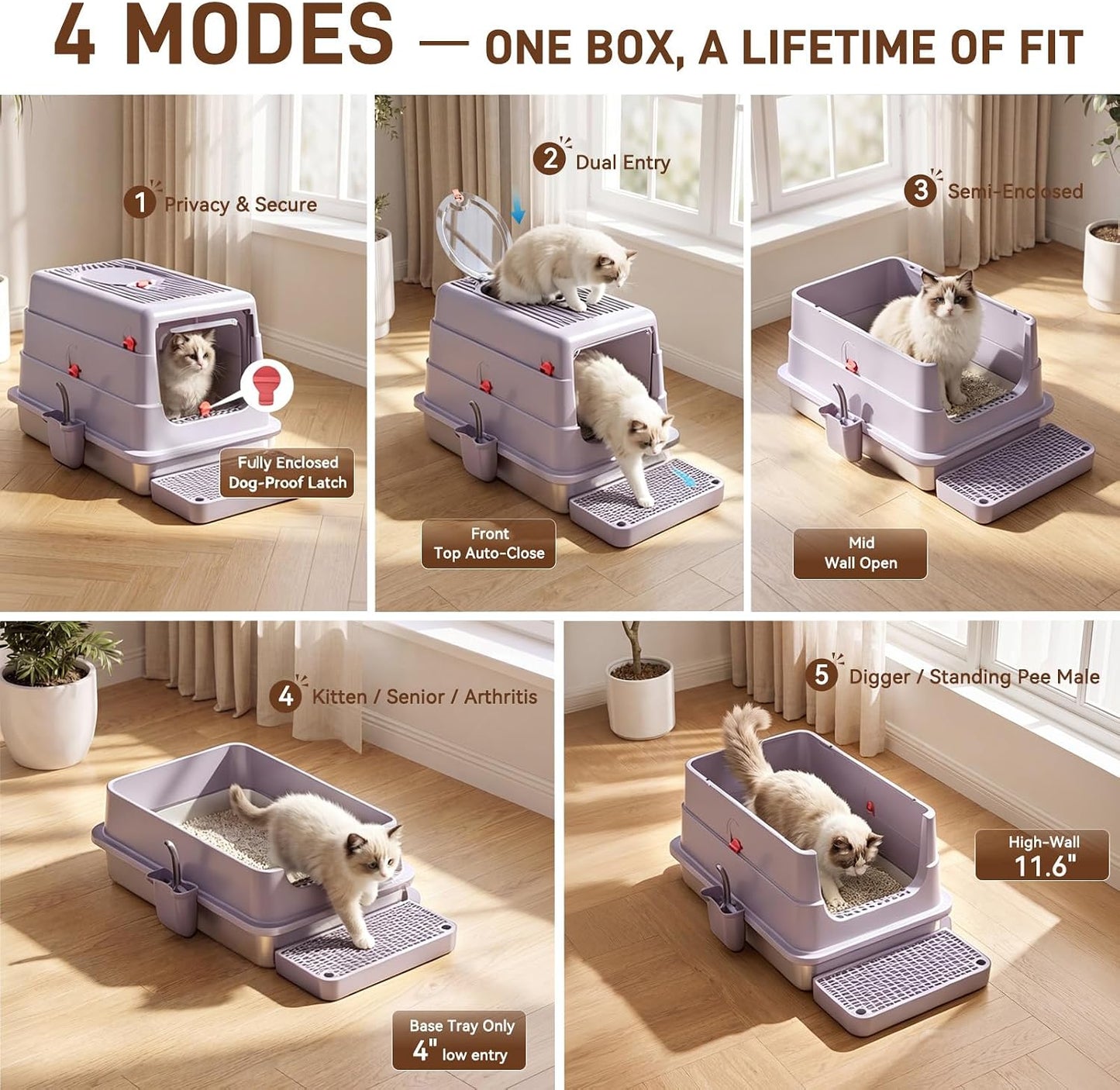 4-in-1 Convertible Stainless Steel Cat Litter Box with Lid | 4 modes in one box: open, high-sided or enclosed; fits kittens to senior cats; 160° flip-open lid; tracking pad and filter