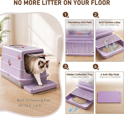 4-in-1 Convertible Stainless Steel Cat Litter Box with Lid | 4 modes in one box: open, high-sided or enclosed; fits kittens to senior cats; 160° flip-open lid; tracking pad and filter