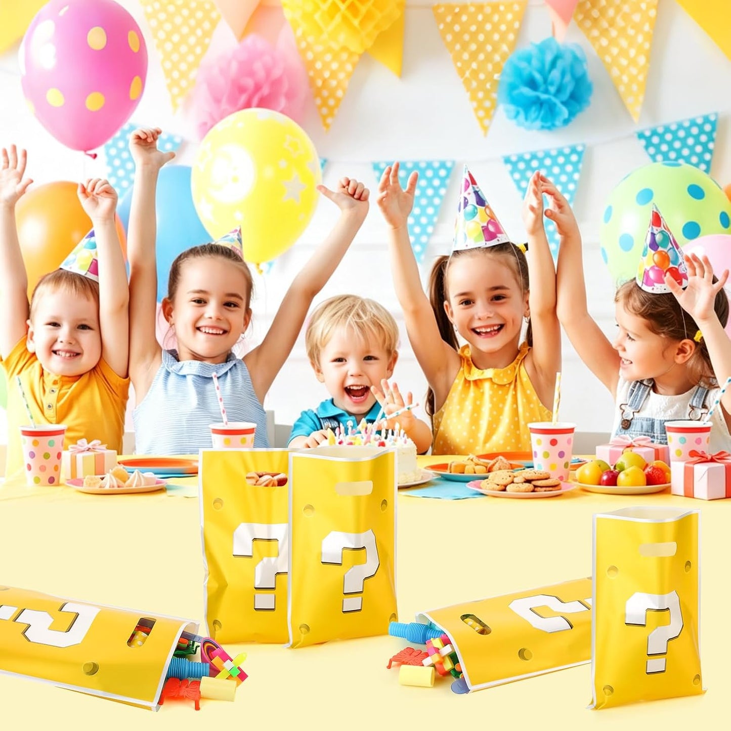 30PCS Question Mark Party Favor Bags, Yellow Video Game Goodie Candy Bags for Birthday Decoration