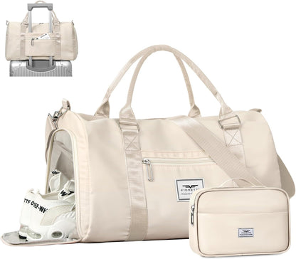 Womens Gym Tote Duffle Bag with Wet Pocket & Shoe Compartment, Sports Duffel Overnight Weekender Hospital Workout Carry on Bag for Girls, Ideal for Travel, Swimming, Dance, Ballet Beige