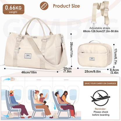 Womens Gym Tote Duffle Bag with Wet Pocket & Shoe Compartment, Sports Duffel Overnight Weekender Hospital Workout Carry on Bag for Girls, Ideal for Travel, Swimming, Dance, Ballet Beige
