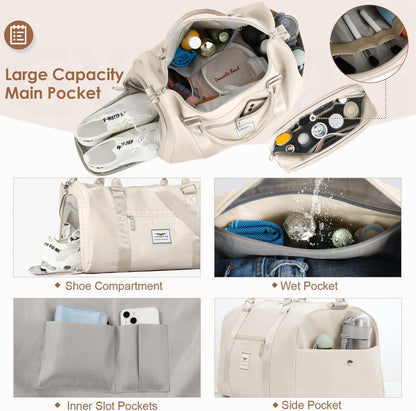 Womens Gym Tote Duffle Bag with Wet Pocket & Shoe Compartment, Sports Duffel Overnight Weekender Hospital Workout Carry on Bag for Girls, Ideal for Travel, Swimming, Dance, Ballet Beige