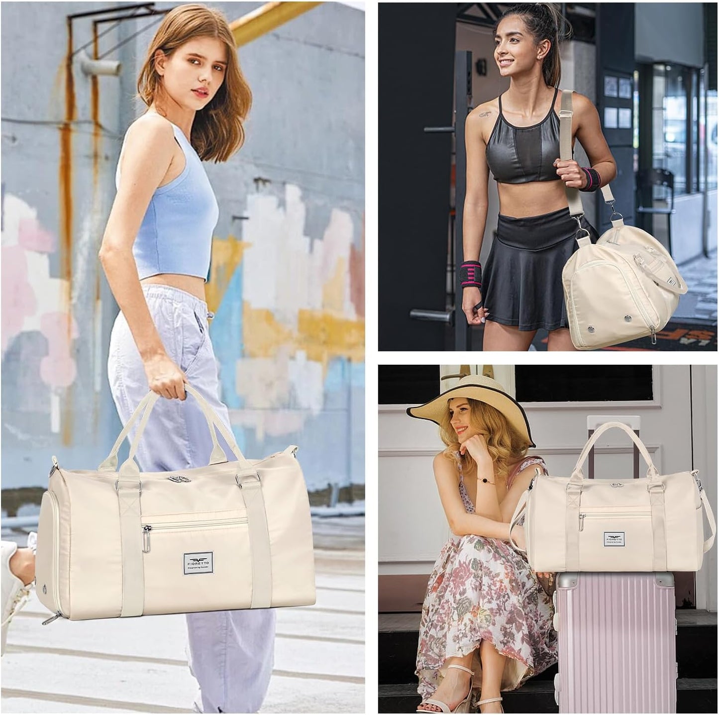Womens Gym Tote Duffle Bag with Wet Pocket & Shoe Compartment, Sports Duffel Overnight Weekender Hospital Workout Carry on Bag for Girls, Ideal for Travel, Swimming, Dance, Ballet Beige