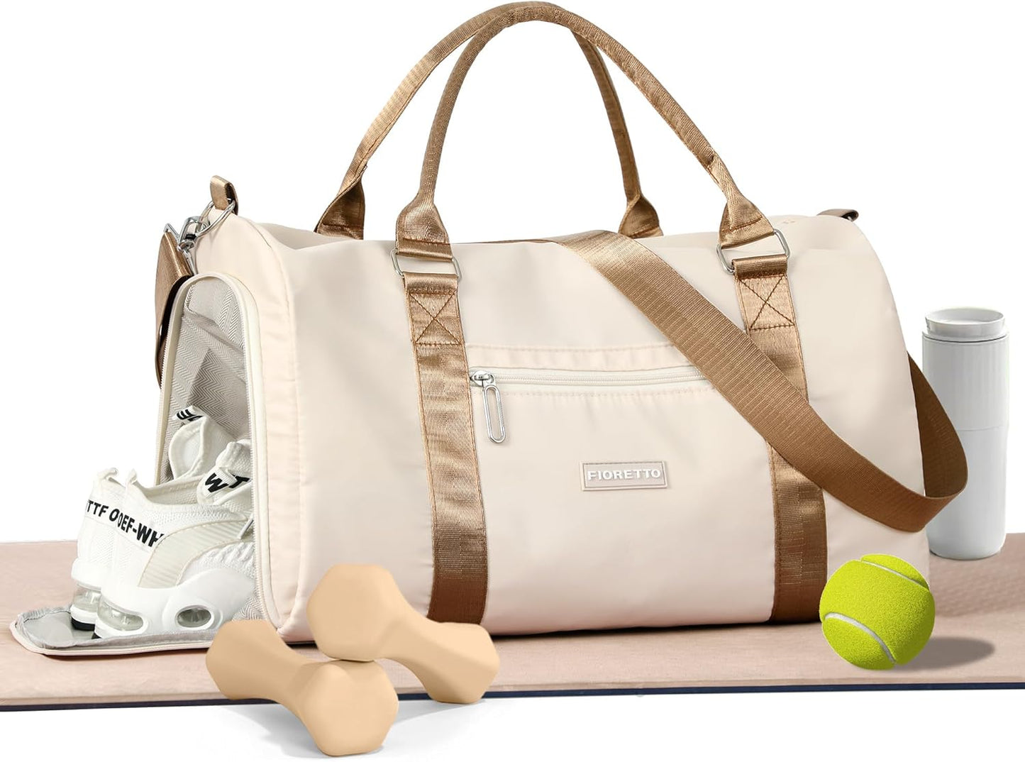 Womens Gym Tote Duffle Bag with Wet Pocket & Shoe Compartment, Sports Duffel Overnight Weekender Hospital Workout Carry on Bag for Girls, Ideal for Travel, Swimming, Dance, Ballet Beige
