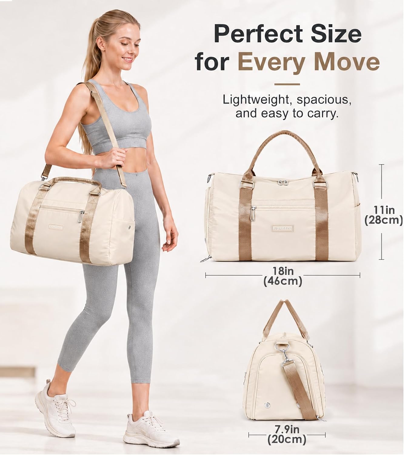 Womens Gym Tote Duffle Bag with Wet Pocket & Shoe Compartment, Sports Duffel Overnight Weekender Hospital Workout Carry on Bag for Girls, Ideal for Travel, Swimming, Dance, Ballet Beige