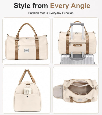 Womens Gym Tote Duffle Bag with Wet Pocket & Shoe Compartment, Sports Duffel Overnight Weekender Hospital Workout Carry on Bag for Girls, Ideal for Travel, Swimming, Dance, Ballet Beige