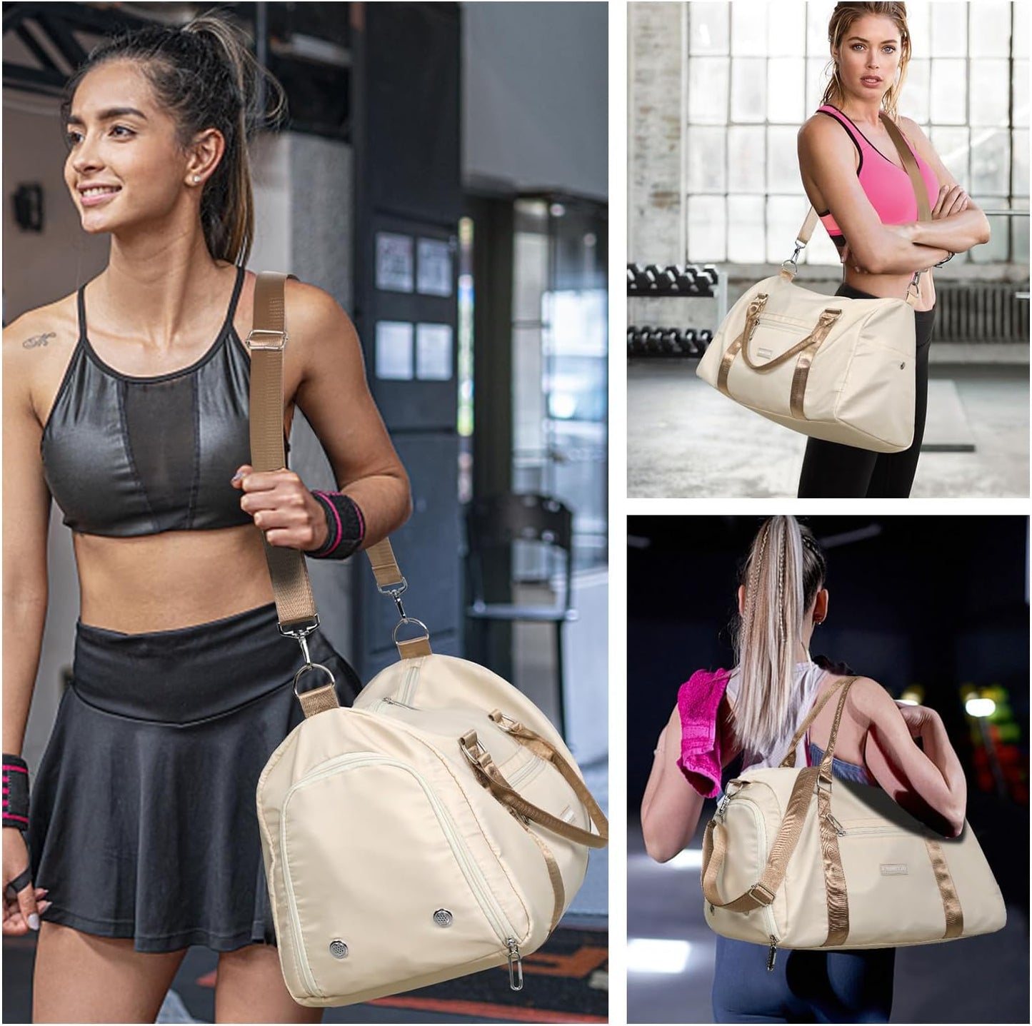 Womens Gym Tote Duffle Bag with Wet Pocket & Shoe Compartment, Sports Duffel Overnight Weekender Hospital Workout Carry on Bag for Girls, Ideal for Travel, Swimming, Dance, Ballet Beige