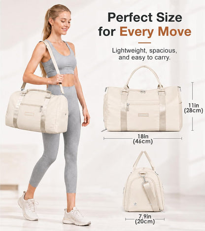 Womens Gym Tote Duffle Bag with Wet Pocket & Shoe Compartment, Sports Duffel Overnight Weekender Hospital Workout Carry on Bag for Girls, Ideal for Travel, Swimming, Dance, Ballet Beige