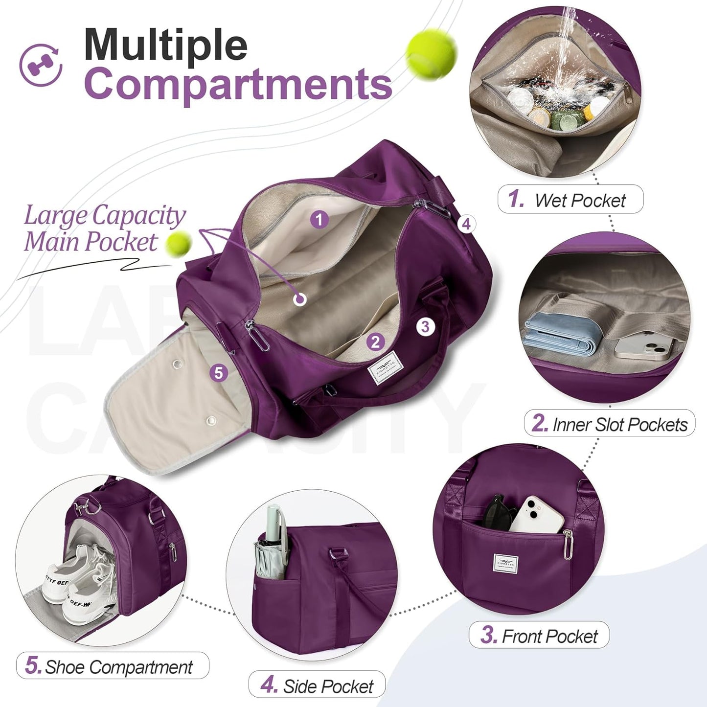 Womens Gym Tote Duffle Bag with Wet Pocket & Shoe Compartment, Sports Duffel Overnight Weekender Hospital Workout Carry on Bag for Girls, Ideal for Travel, Swimming, Dance, Ballet Beige