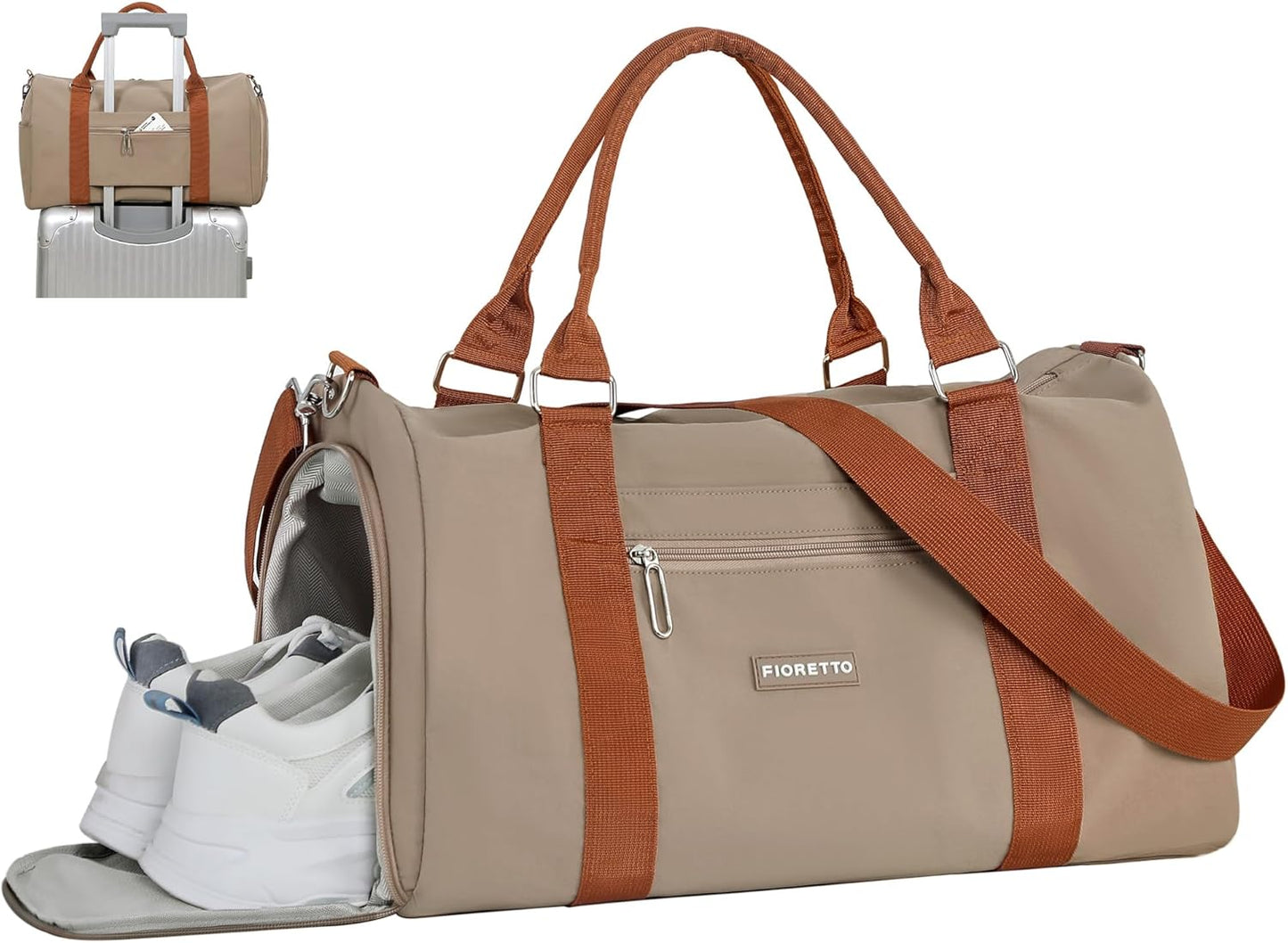 Womens Gym Tote Duffle Bag with Wet Pocket & Shoe Compartment, Sports Duffel Overnight Weekender Hospital Workout Carry on Bag for Girls, Ideal for Travel, Swimming, Dance, Ballet Beige