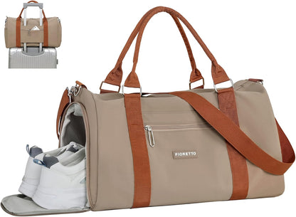 Womens Gym Tote Duffle Bag with Wet Pocket & Shoe Compartment, Sports Duffel Overnight Weekender Hospital Workout Carry on Bag for Girls, Ideal for Travel, Swimming, Dance, Ballet Beige