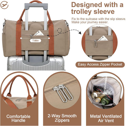 Womens Gym Tote Duffle Bag with Wet Pocket & Shoe Compartment, Sports Duffel Overnight Weekender Hospital Workout Carry on Bag for Girls, Ideal for Travel, Swimming, Dance, Ballet Beige