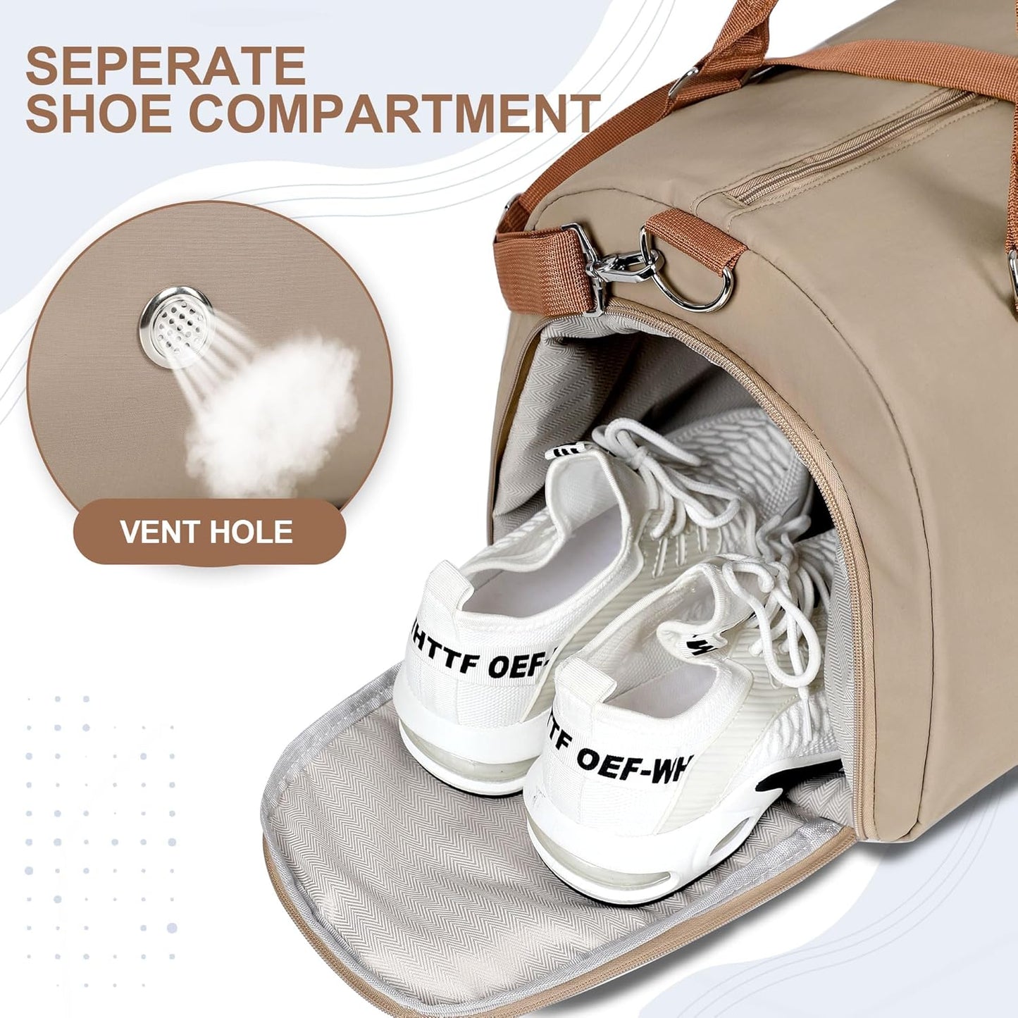 Womens Gym Tote Duffle Bag with Wet Pocket & Shoe Compartment, Sports Duffel Overnight Weekender Hospital Workout Carry on Bag for Girls, Ideal for Travel, Swimming, Dance, Ballet Beige