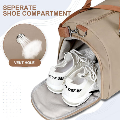 Womens Gym Tote Duffle Bag with Wet Pocket & Shoe Compartment, Sports Duffel Overnight Weekender Hospital Workout Carry on Bag for Girls, Ideal for Travel, Swimming, Dance, Ballet Beige