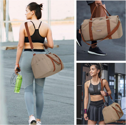 Womens Gym Tote Duffle Bag with Wet Pocket & Shoe Compartment, Sports Duffel Overnight Weekender Hospital Workout Carry on Bag for Girls, Ideal for Travel, Swimming, Dance, Ballet Beige