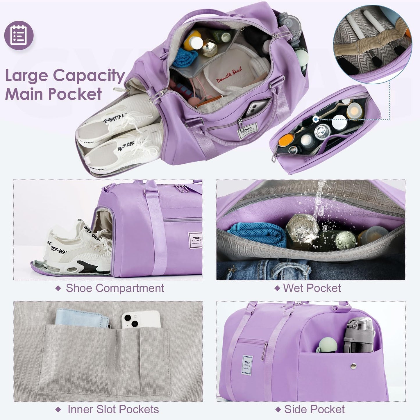 Womens Gym Tote Duffle Bag with Wet Pocket & Shoe Compartment, Sports Duffel Overnight Weekender Hospital Workout Carry on Bag for Girls, Ideal for Travel, Swimming, Dance, Ballet Beige