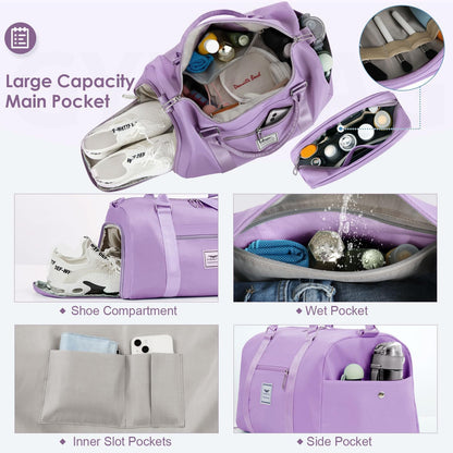 Womens Gym Tote Duffle Bag with Wet Pocket & Shoe Compartment, Sports Duffel Overnight Weekender Hospital Workout Carry on Bag for Girls, Ideal for Travel, Swimming, Dance, Ballet Beige
