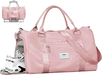 Womens Gym Tote Duffle Bag with Wet Pocket & Shoe Compartment, Sports Duffel Overnight Weekender Hospital Workout Carry on Bag for Girls, Ideal for Travel, Swimming, Dance, Ballet Beige