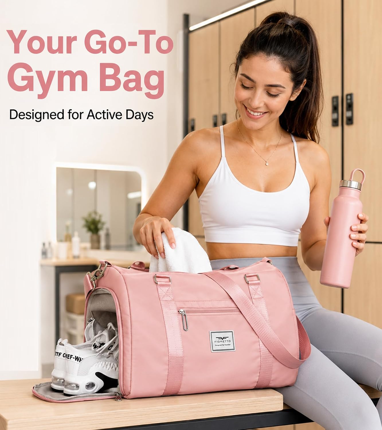 Womens Gym Tote Duffle Bag with Wet Pocket & Shoe Compartment, Sports Duffel Overnight Weekender Hospital Workout Carry on Bag for Girls, Ideal for Travel, Swimming, Dance, Ballet Beige