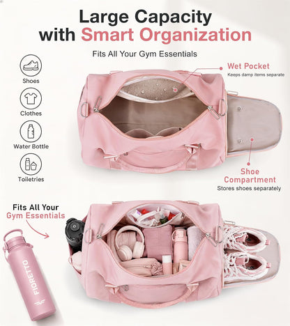 Womens Gym Tote Duffle Bag with Wet Pocket & Shoe Compartment, Sports Duffel Overnight Weekender Hospital Workout Carry on Bag for Girls, Ideal for Travel, Swimming, Dance, Ballet Beige